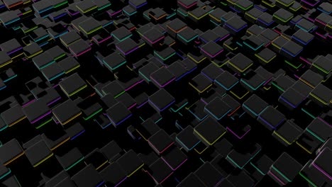 4k abstracto con bucle de fondo oscuro ondas de cubos en el plano y luces de neón. cuadrícula de cubos como bombillas de neó. vj estilo de neón cyberpunk bg para evento, presentación. diseño de movimiento simple clásico telón de fondo