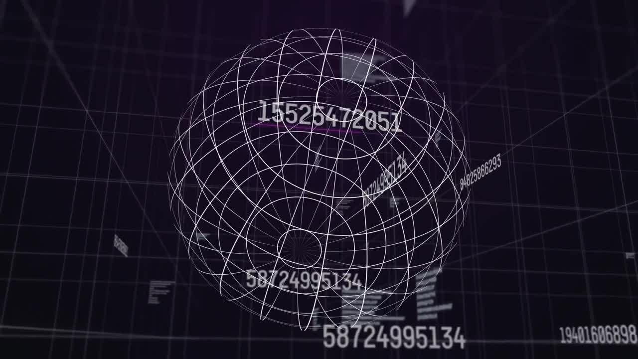 Animation of numbers growing over globe spinning and grid in background
