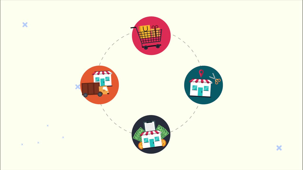 상점 건물과 세트 아이콘을 가진 쇼핑 애니메이션