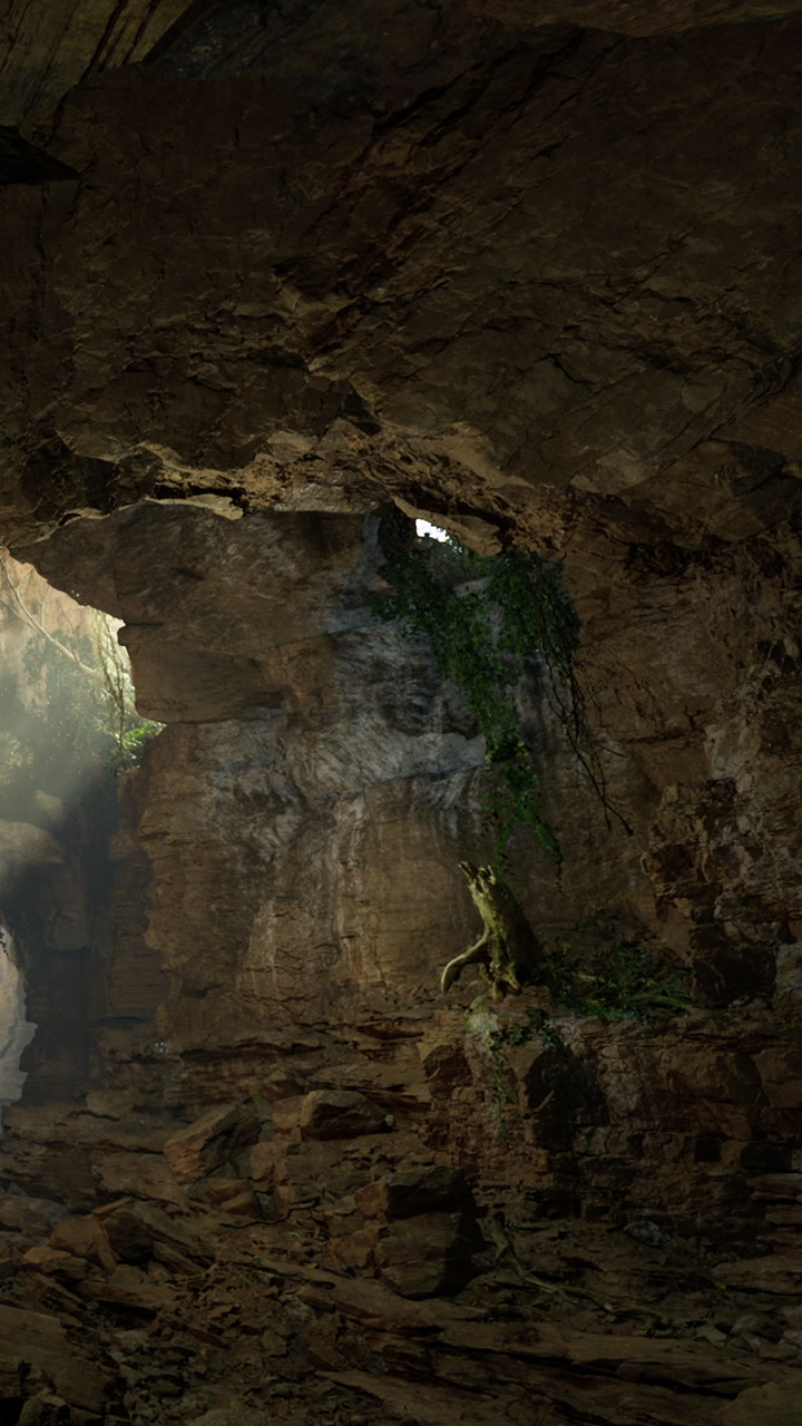 Cave with sunlight shining through opening and green plants growing inside