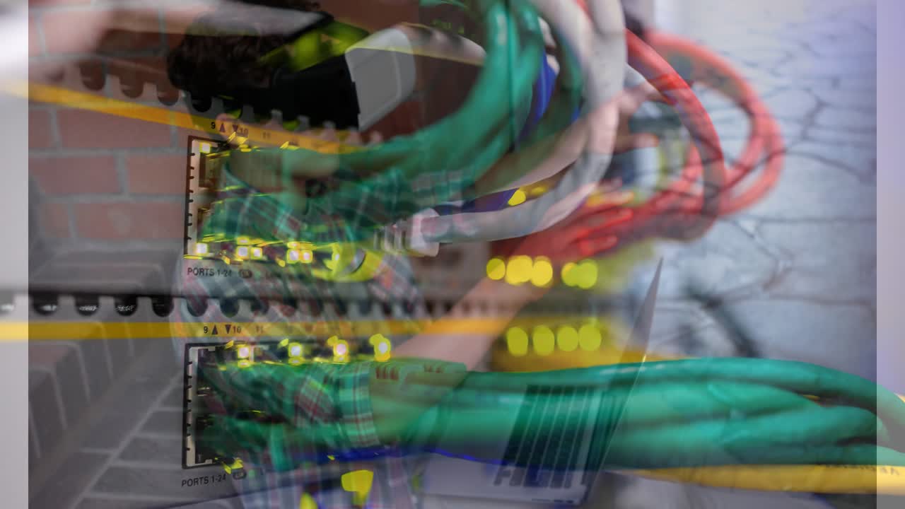 Animation of server room over caucasian boy using vr headset