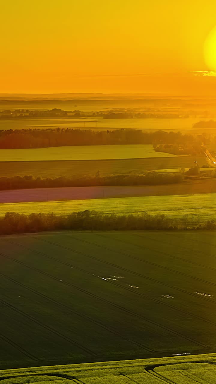 Bright orange sun setting over endless green crop fields, bathing the rural countryside landscape in a warm golden hour glow -vertical aerial time lapse