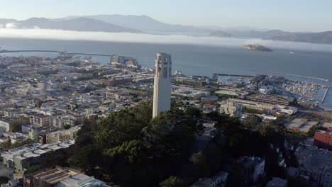 aerial, san francisco coit tower and cityscape, panning right drone 02