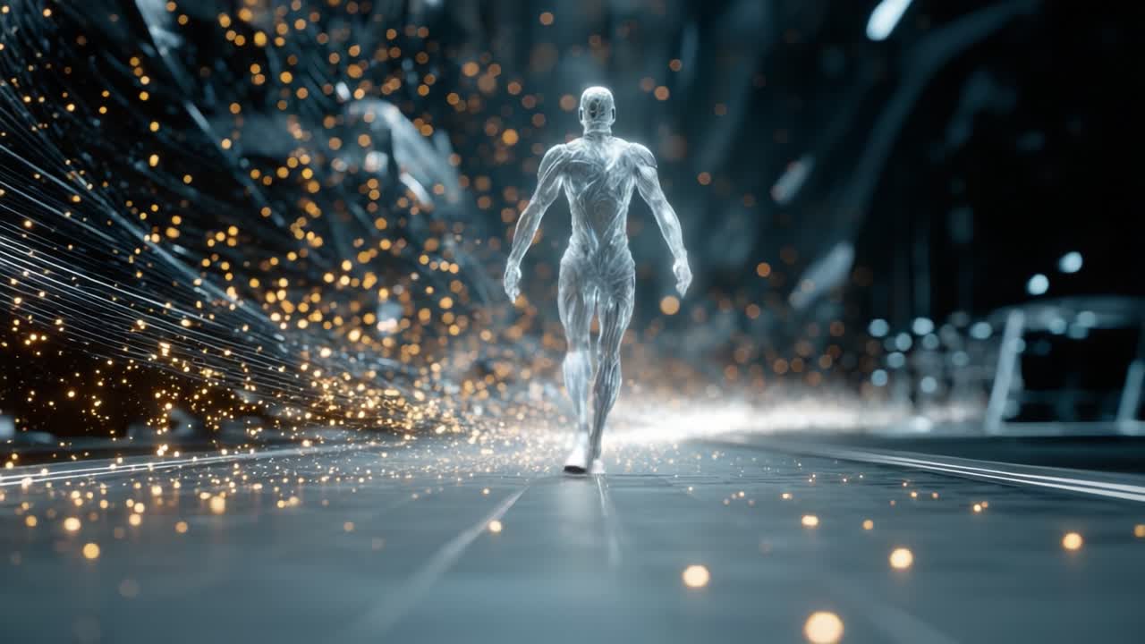 A futuristic humanoid figure strides purposefully through a luminous landscape filled with shimmering particles and dynamic energy trails, embodying a blend of technology and art