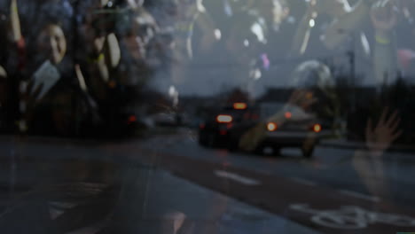 backpack-wearing person walking through wet urban street glass, showing floating tech data nodes