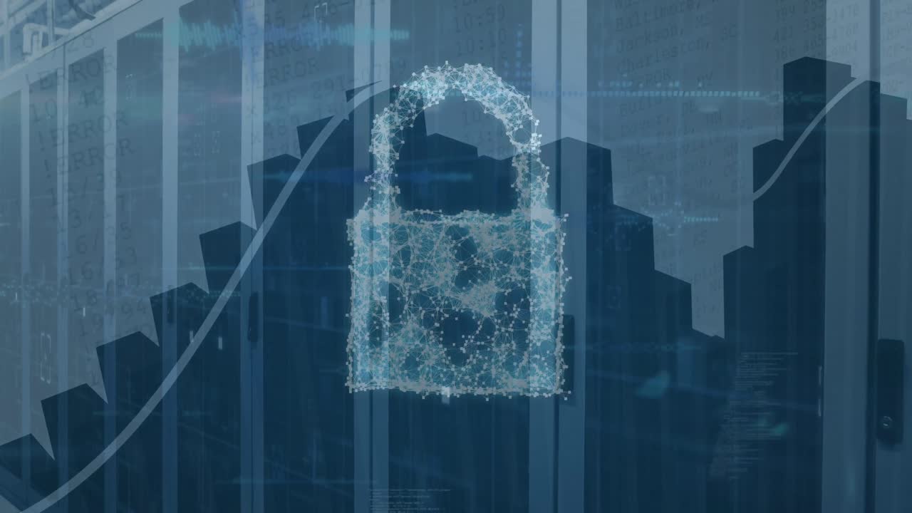 Animazione di icone concettuali di sicurezza informatica ed elaborazione di dati statistici su sfondo di sala server.