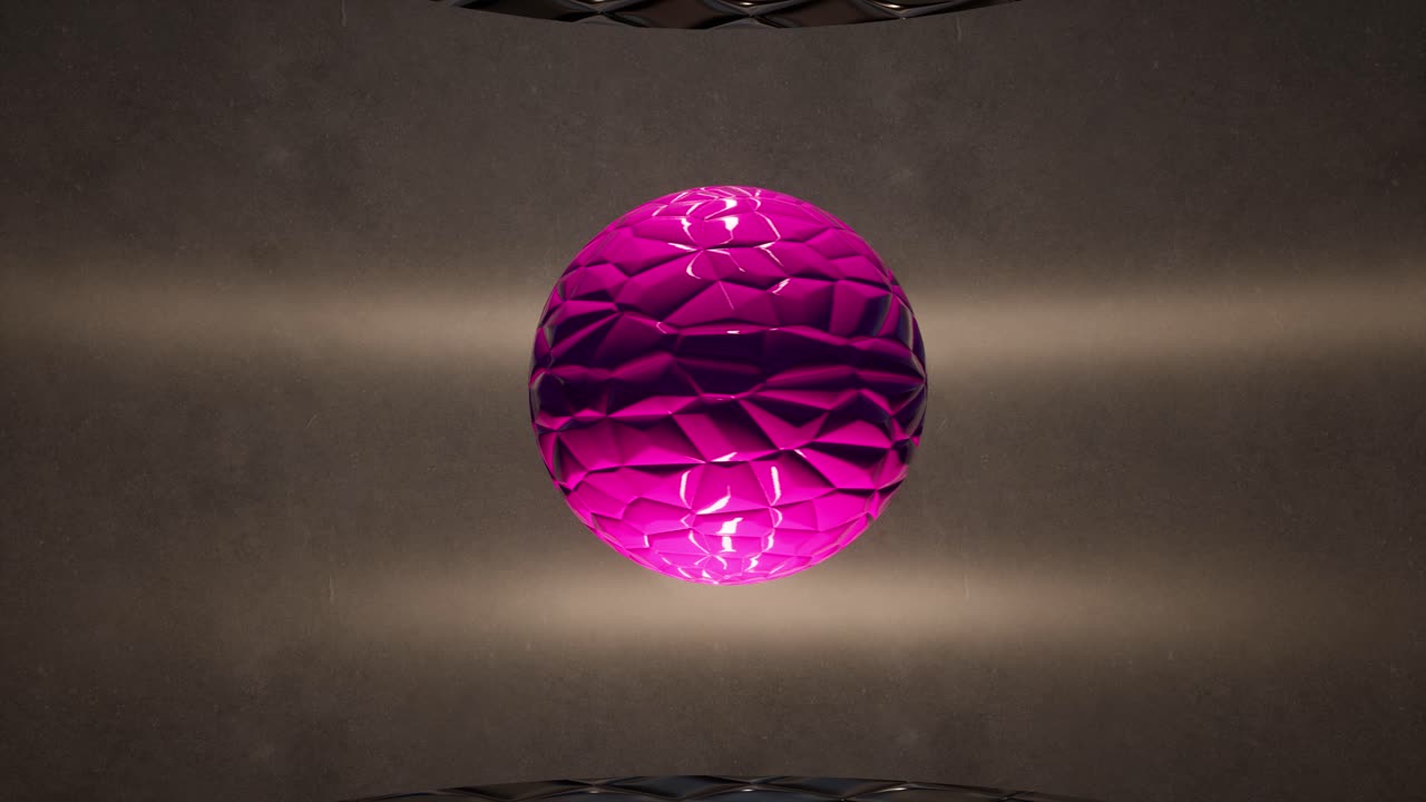 esfera violeta brillante girando lentamente en el aire, dentro de un espacio mínimo, con mapa de relieve aplicado, cámara de animación 3d alejada lentamente