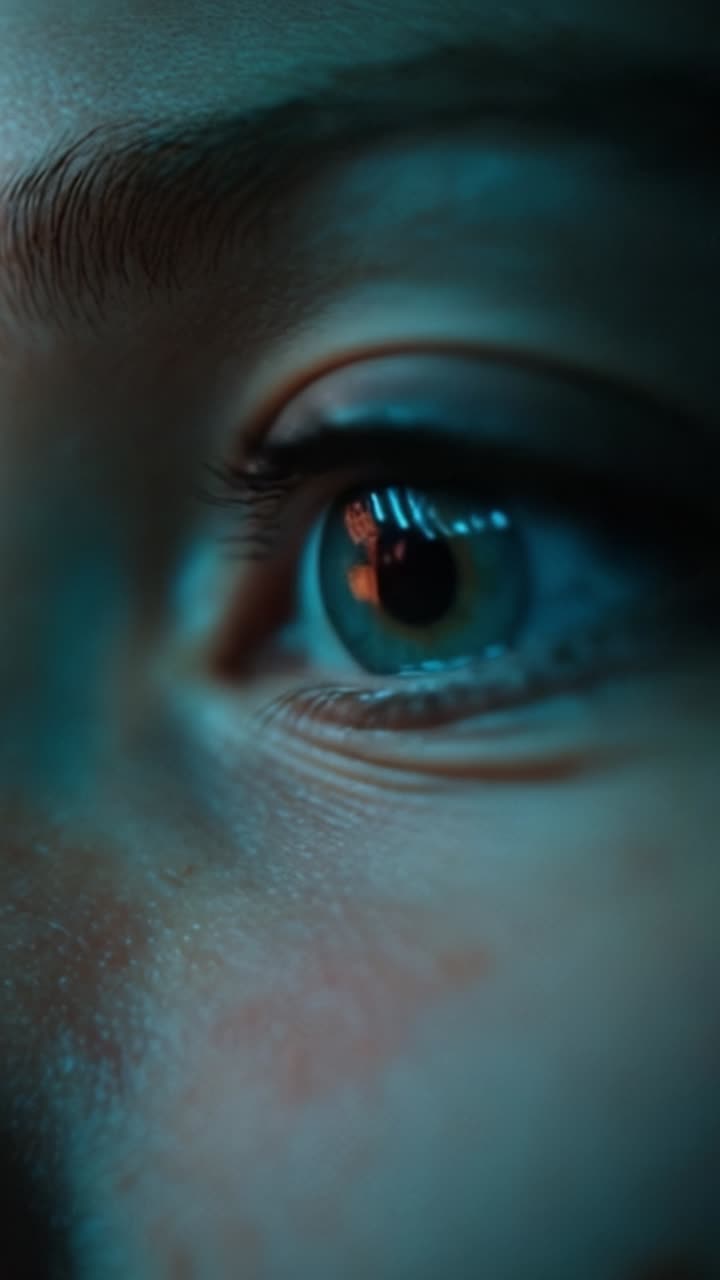 Prospettiva ravvicinata dell'occhio di una persona che riflette luce ed emozioni, catturando le complessità di un'espressione in un'ambientazione drammatica
