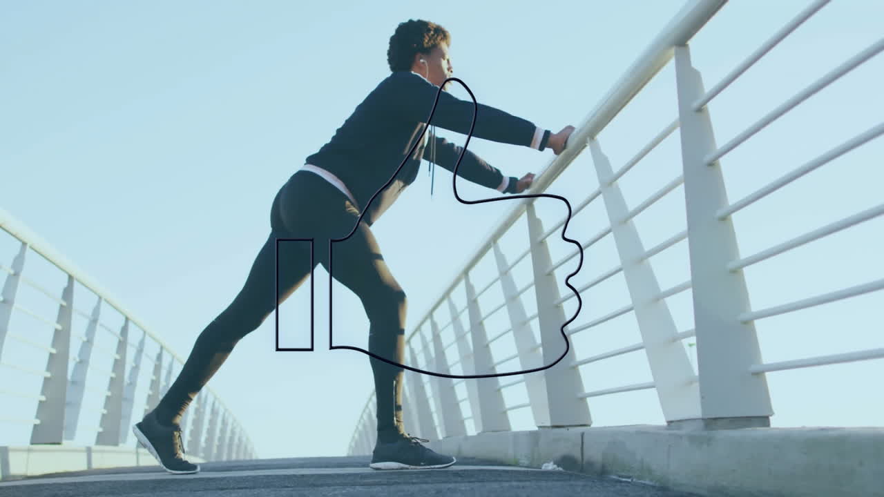 Stretching on bridge, person with blue thumbs-up animation overlay visible