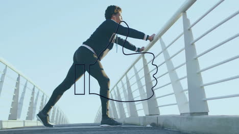 stretching on bridge, person with blue thumbs-up animation overlay visible