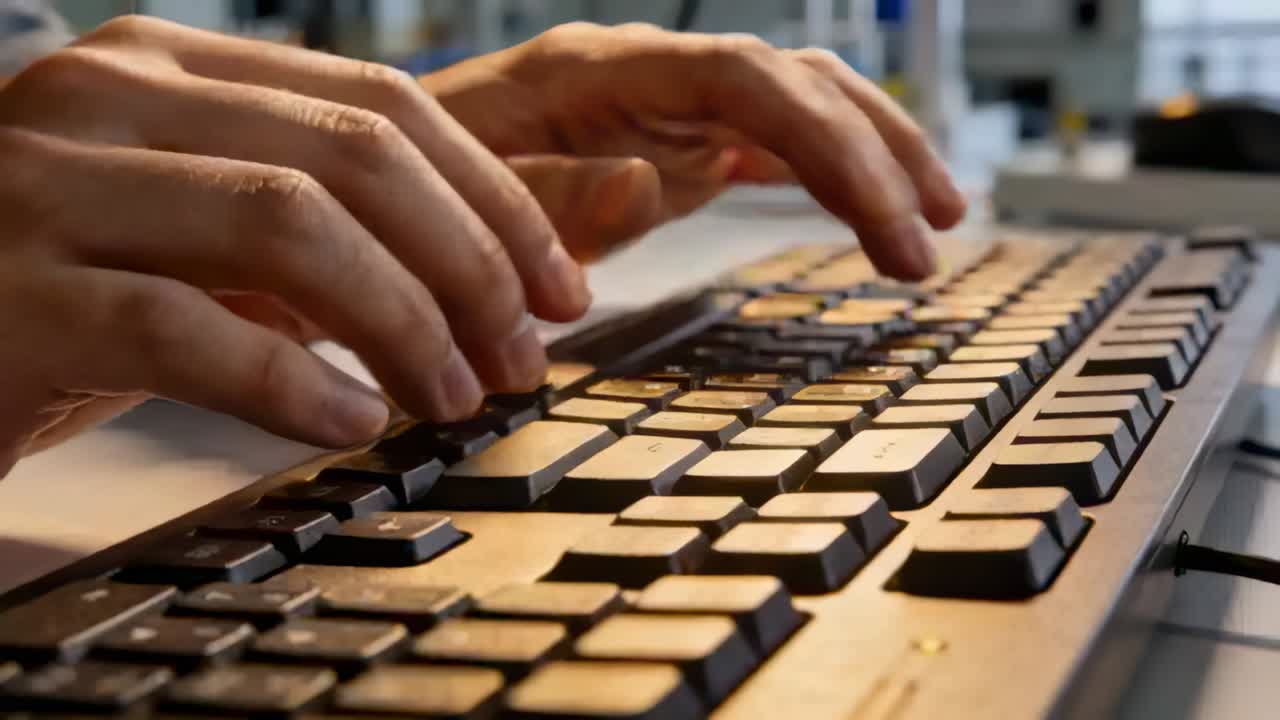 Typing adult hands poised over home-row key pressing desk with USB-keyboard and plaid cuff for work