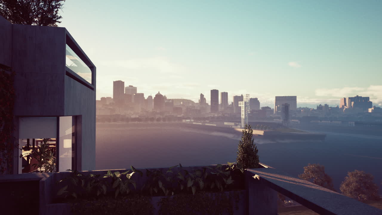 지붕의 발코니에서 현대적인 도시 풍경의 멋진 전망