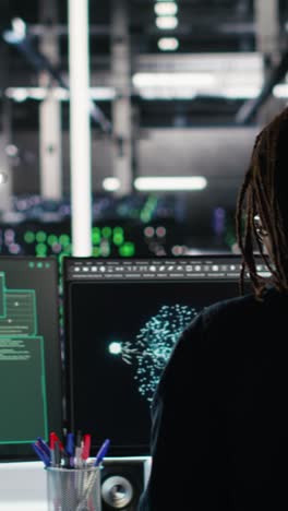 vertical video panicked engineer in ai server facility reacts to hacking incident