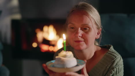 woman celebrating birthday by the fireplace