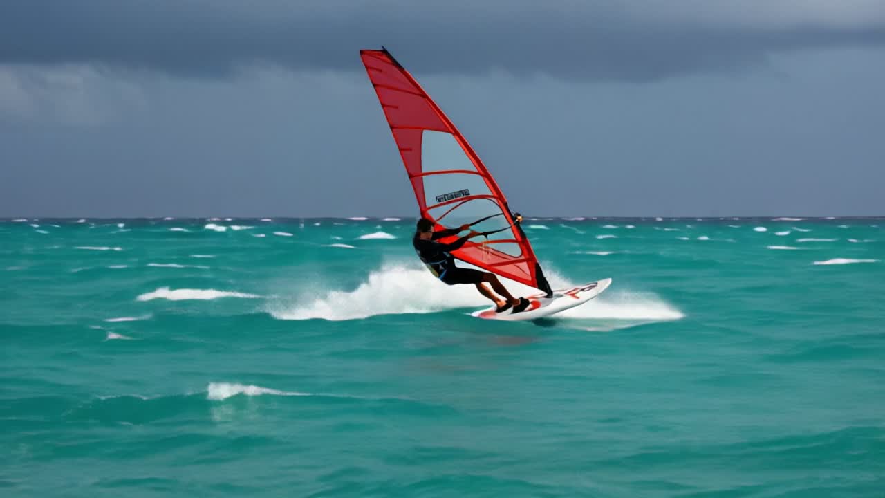Windsurfers navigate turquoise waters under an overcast sky