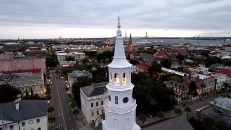 aerial orbiting steeple of st michaels church in charleston sc, south carolina