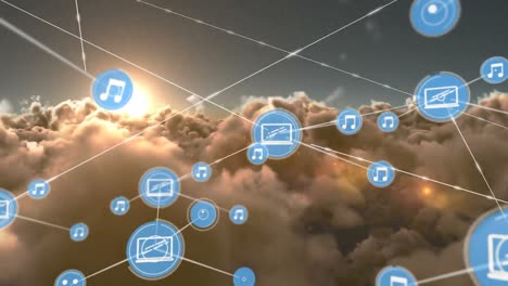 animation of network of connections with icons over sky with clouds