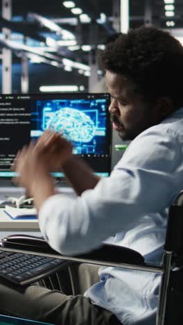 vertical video engineer with paraplegia in data center annoyed by slow ai node tree software