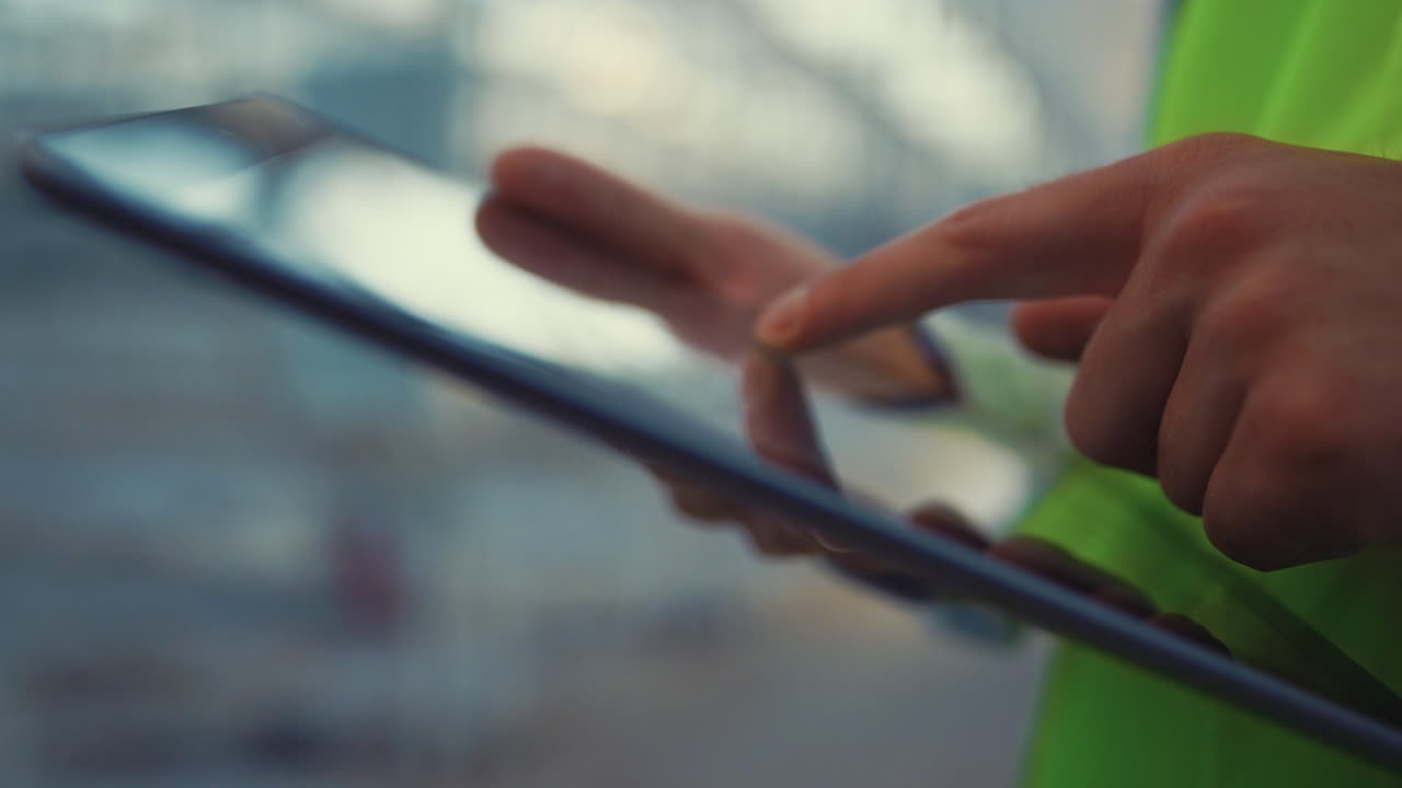 ingeniero sosteniendo tableta pantalla táctil comprobar información del producto manos de primer plano