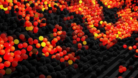 4k abstract looped background with spheres like bulbs or abstract garland. balls or spheres lie on steps. waves of red orange color and light roll over balls on the steps forming a beautiful pattern.