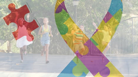 animation of colourful puzzle pieces creating autism awareness ribbon over schoolchildren