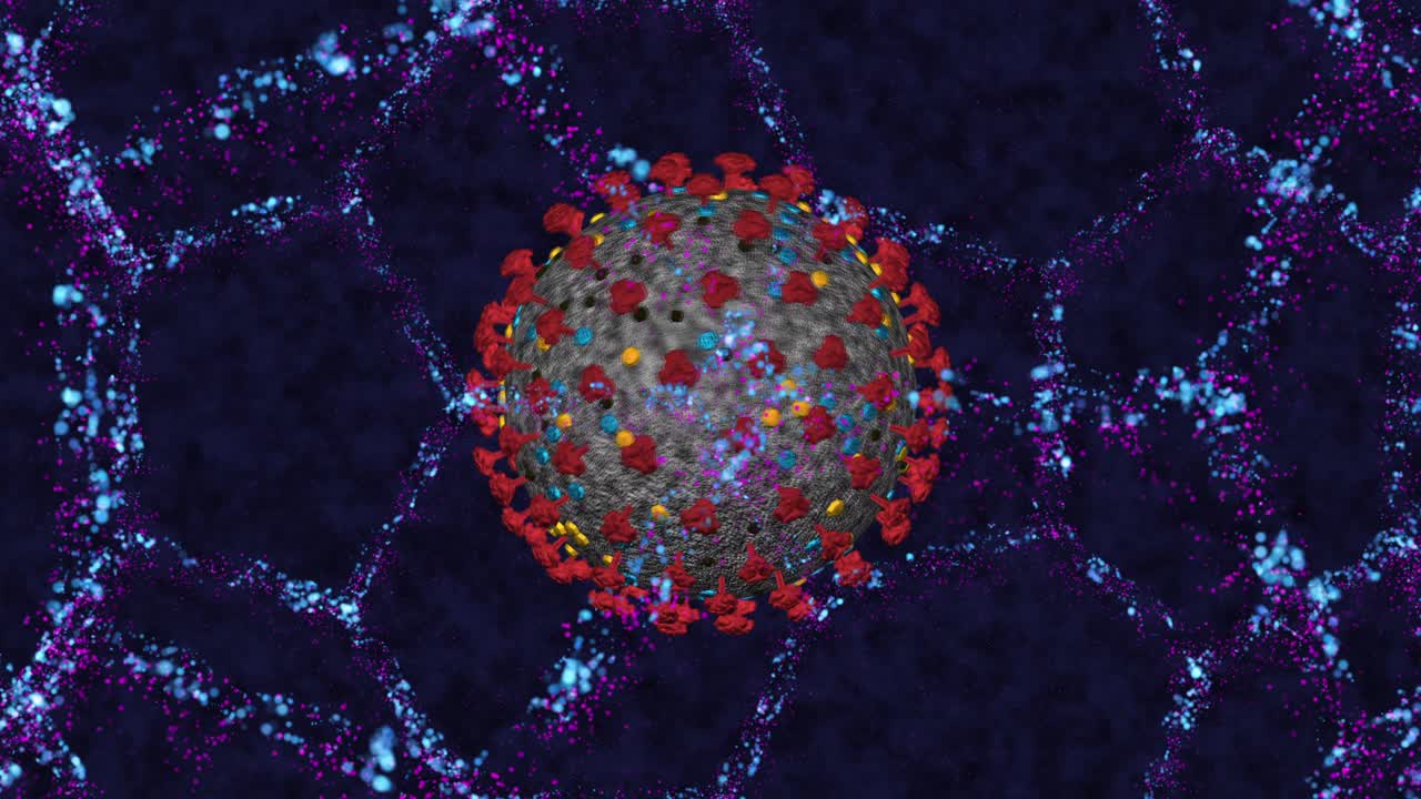 la célula del coronavirus covid-19 se acerca al fondo de la estructura molecular del neón.