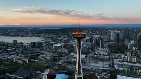 Medium-shot-of-the-Seattle-Space-Needle-during-a-glowing-sunset
