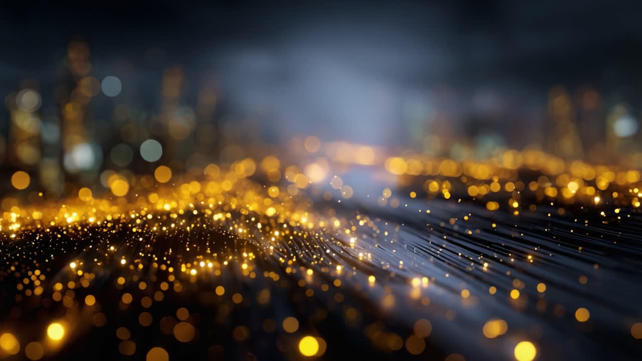 Una vista incantevole di luci dorate scintillanti sparse su una superficie scura, che crea un'atmosfera magica che ricorda il profilo scintillante di una città di notte