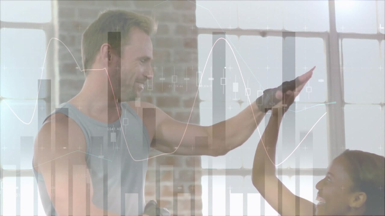 Personal trainer and client marking progress with high-five in gym and animated bar charts pulsing