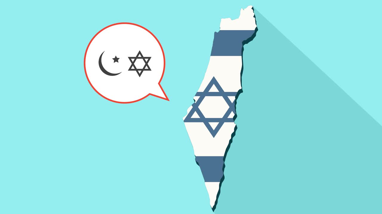animación de una larga sombra mapa de israel con su bandera y un globo cómico con símbolos de religiones islámica y judía