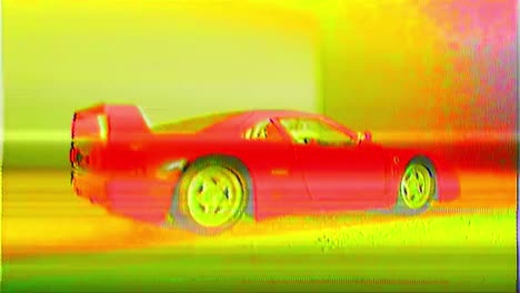 a vhs-like glitching shot of a red ferrari f40, captured from the side in a studio. the handheld camera movement adds a retro, dynamic feel to the scene.