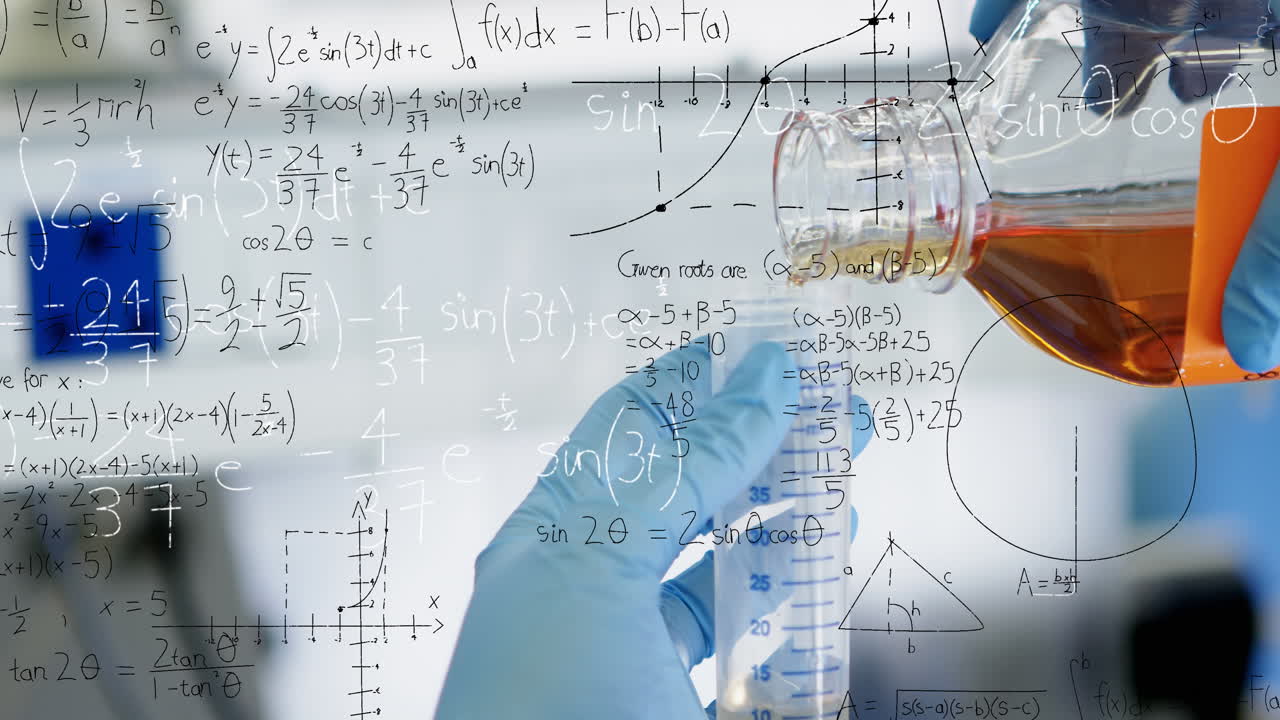animación de ecuaciones matemáticas en la sección media de un científico realizando un experimento en el laboratorio.