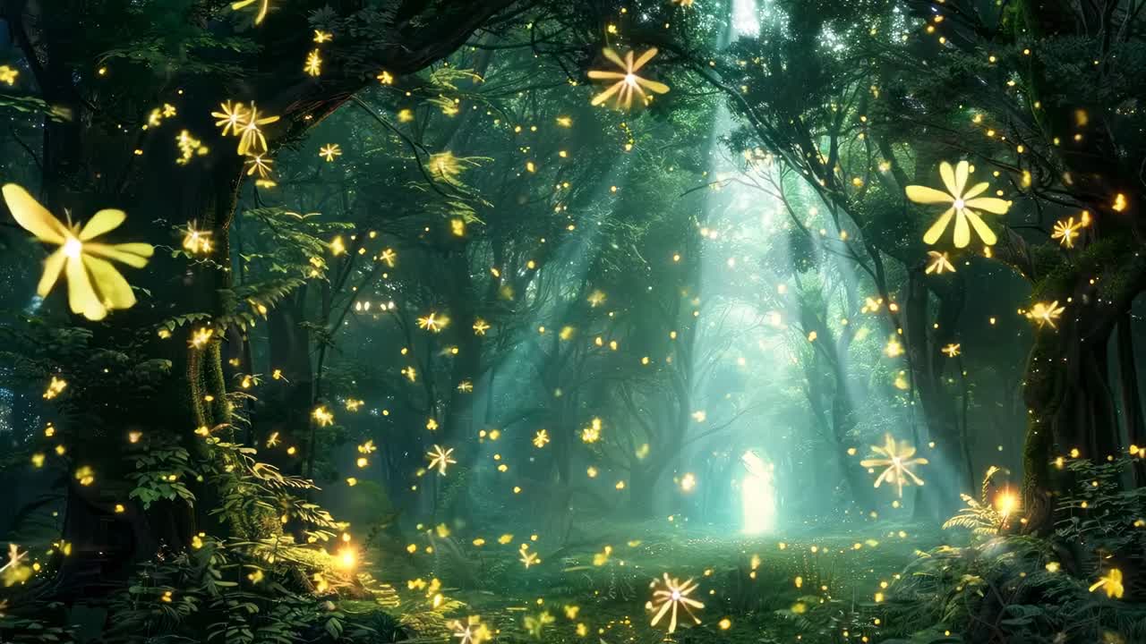 A magical forest scene with glowing fireflies, captured from a low-angle, creating an enchanting
