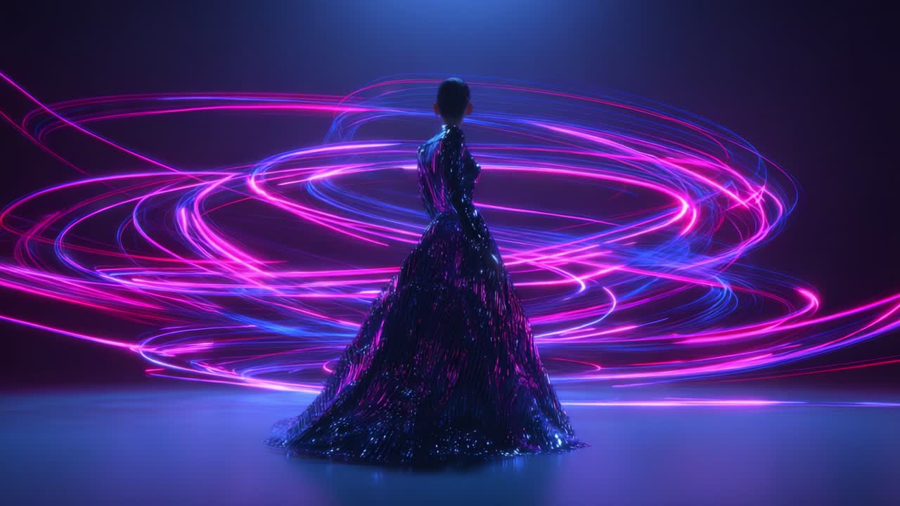 A Stunning Display of Movement and Light: A Figure in a Glittering Dress Surrounded by Dynamic Spirals of Colorful Light, Creating a Captivating Visual Experience