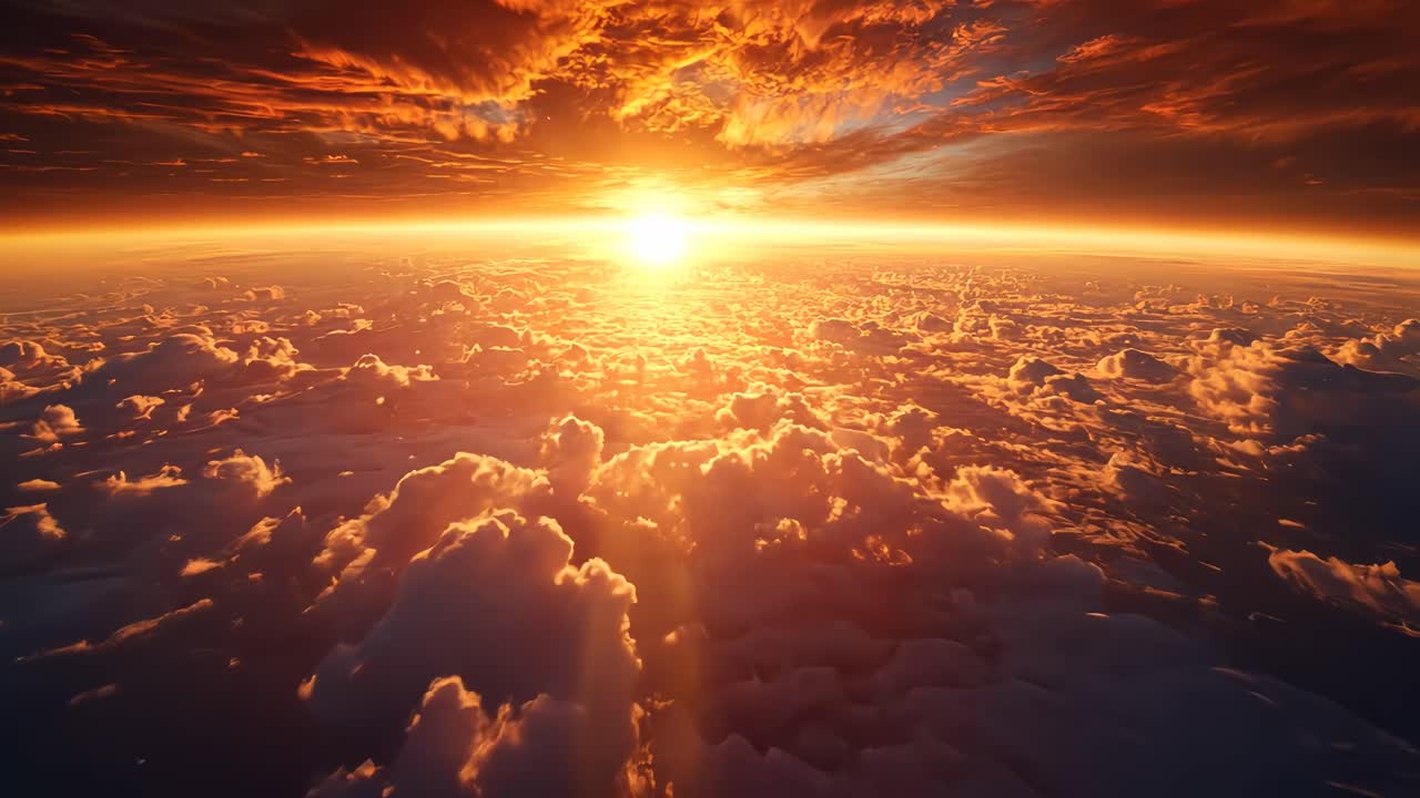 Aerial video view of a stunning sunset above clouds, capturing vibrant orange hues and dramatic
