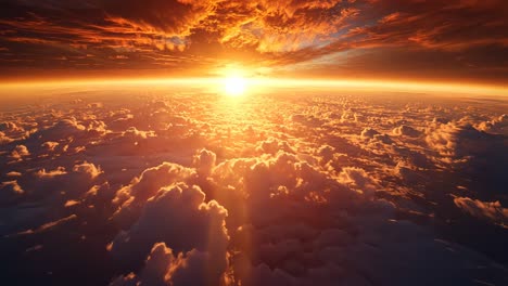 aerial video view of a stunning sunset above clouds, capturing vibrant orange hues and dramatic