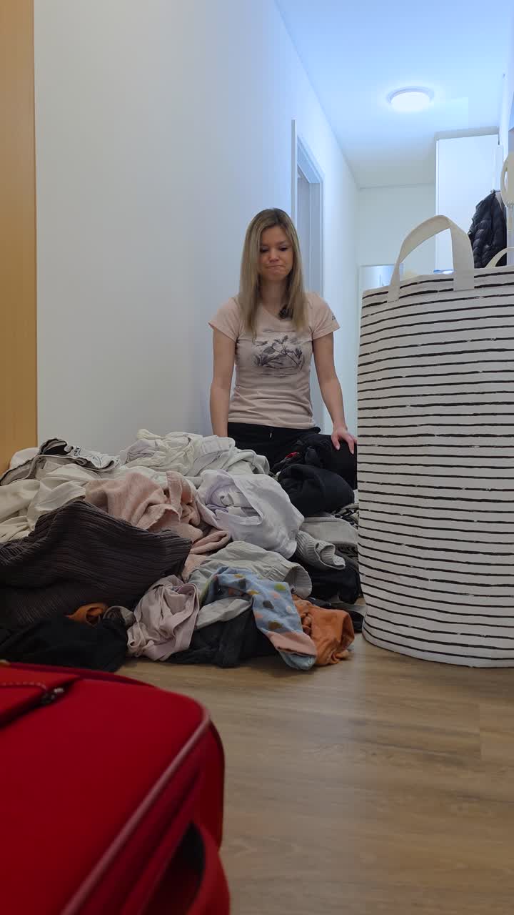 Overwhelmed Discouraged Woman Looking at Large Pile of Laundry on Floor at Home