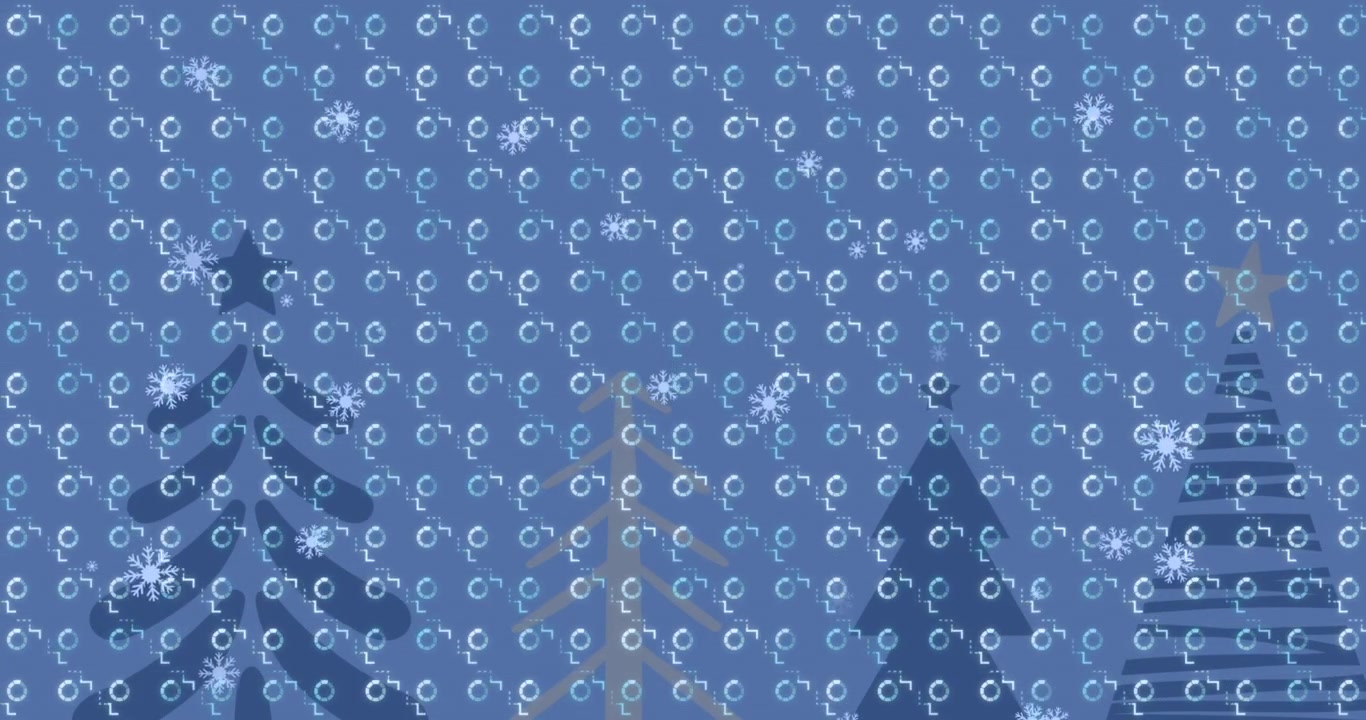 Animation of abstract pattern over snowflakes falling on christmas tree icons on blue background