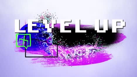 animation of white pixel text level up, over colourful paint, on pink