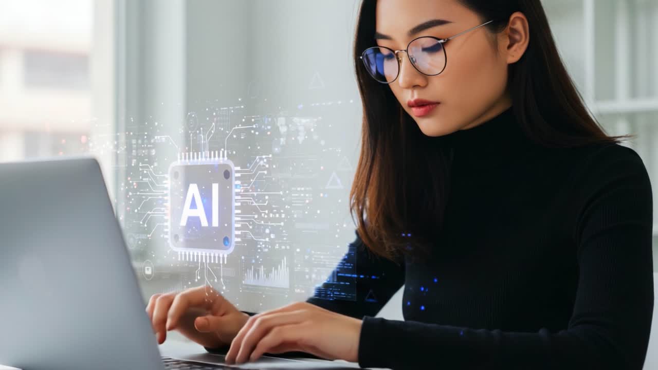 A focused woman working on a laptop while engaging with artificial intelligence technology, showcasing innovation and the future of digital interaction