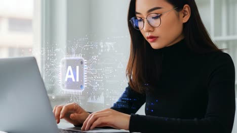 a focused woman working on a laptop while engaging with artificial intelligence technology, showcasing innovation and the future of digital interaction