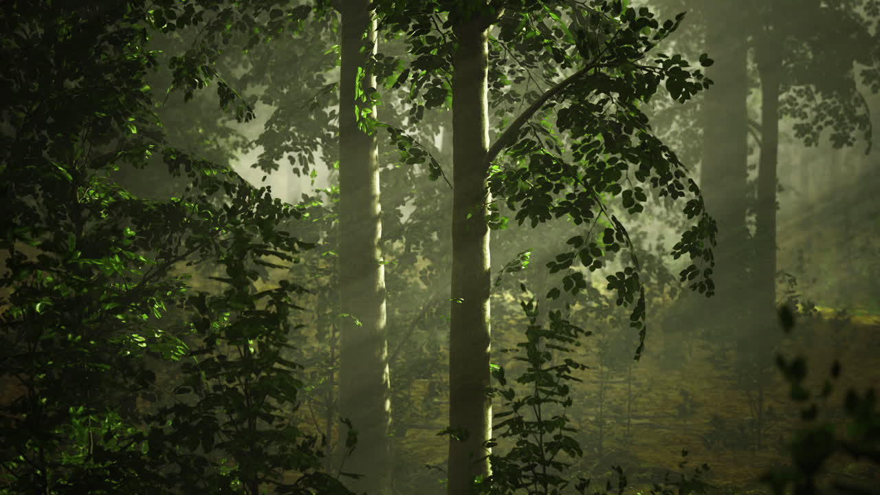 조용한 숲 속 의 울창 한 나무 들 을 통해 빛 이 필터링 된다