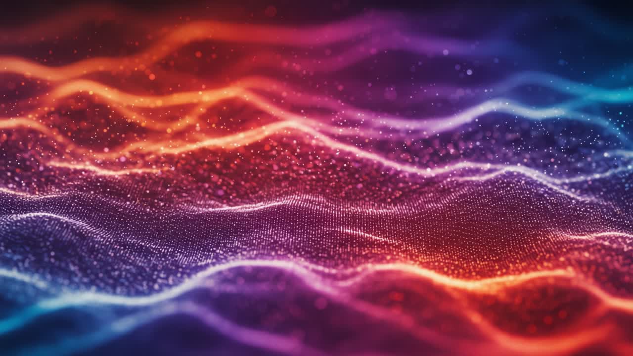 A Mesmerizing Display of Colorful Waves and Light Particles: An Abstract Visualization of Fluid Movements and Vibrant Energy in a Technological Universe