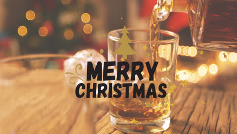 Animation-of-merry-christmas-text-over-christmas-glass-and-carafe