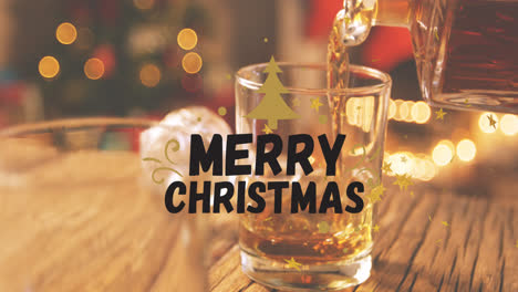 animación de texto de feliz navidad sobre vaso y carafe de navidad
