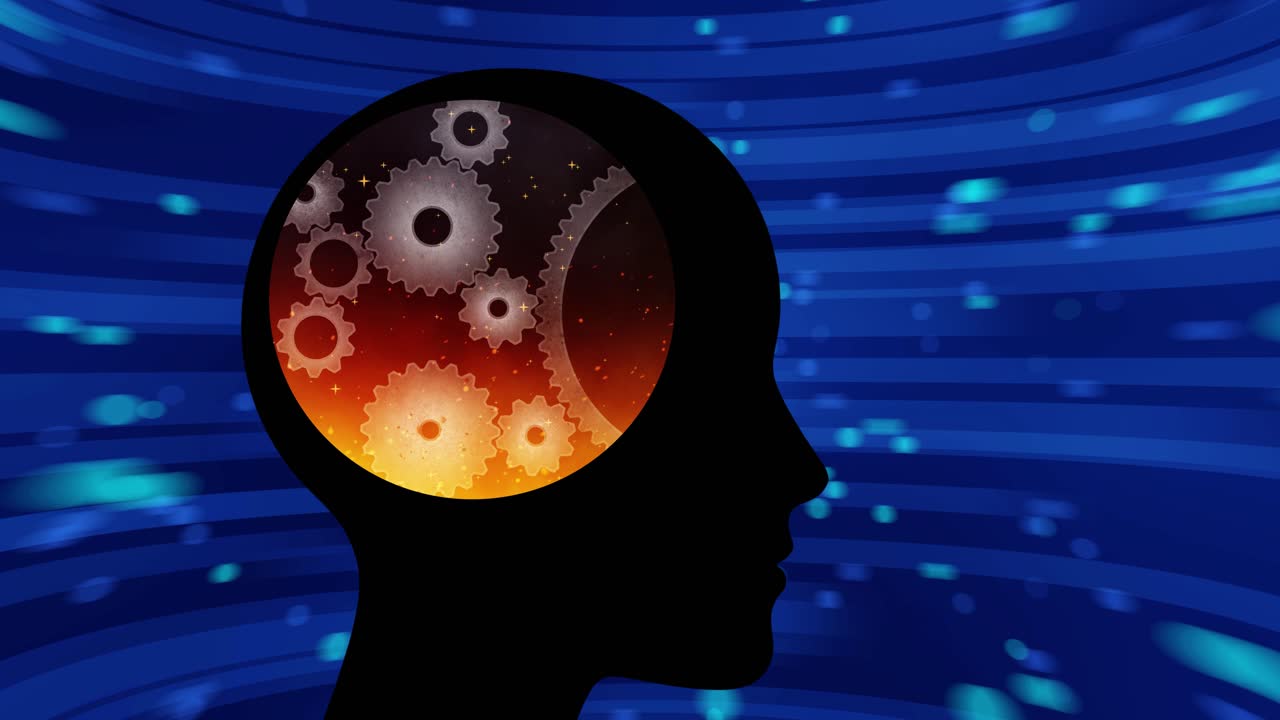 Human head silhouette filled with fiery cogs and gears, problem solving, intensive or creative thinking against a fast spinning blue technology background