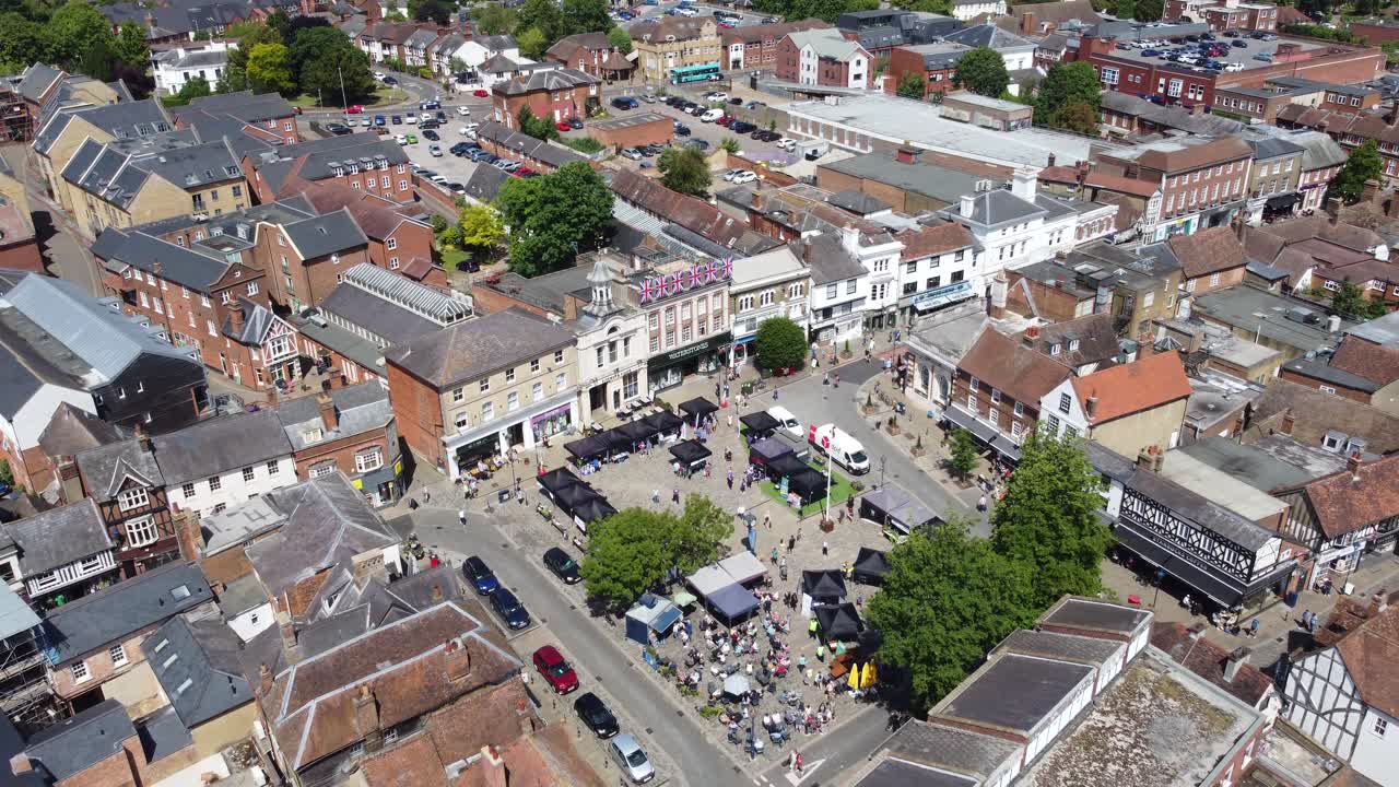 Hitchin Hertfordshire, market town England UK drone aerial viewMarket place