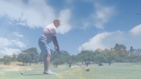 Animation-of-clouds-over-senior-caucasian-man-playing-golf-on-golf-course