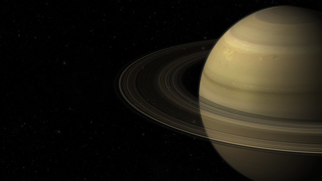 compuesto cgi: el planeta saturno con anillos girando a la derecha de la pantalla