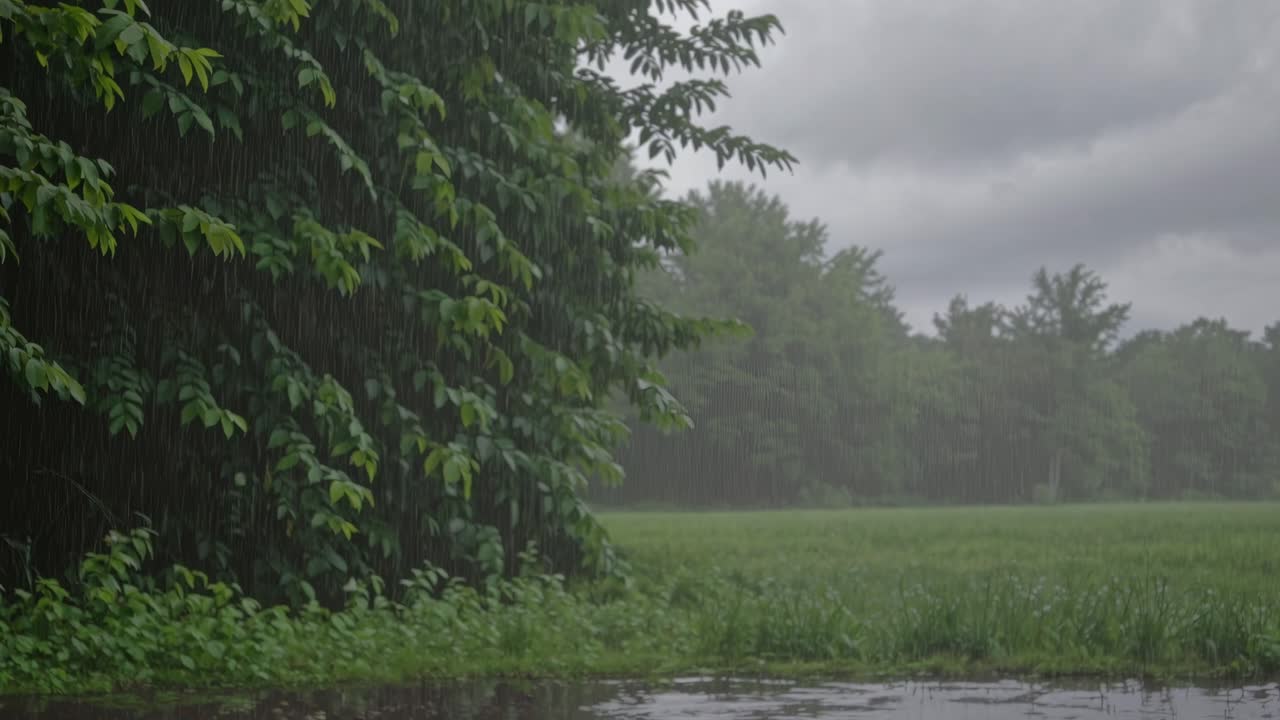 A serene landscape video captures a lush, rain-soaked forest from a low angle, emphasizing the dense